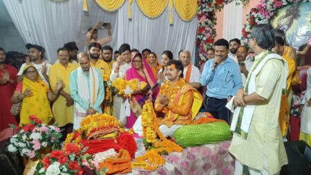 Devotees arrived to listen to the ongoing Bhagwat Katha in the Chirhula temple premises